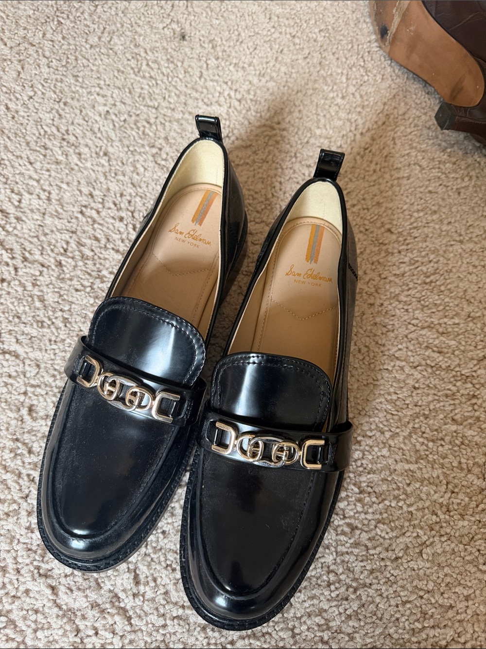 Sam Edelman Black Patent Loafers with Gold Chain Accent